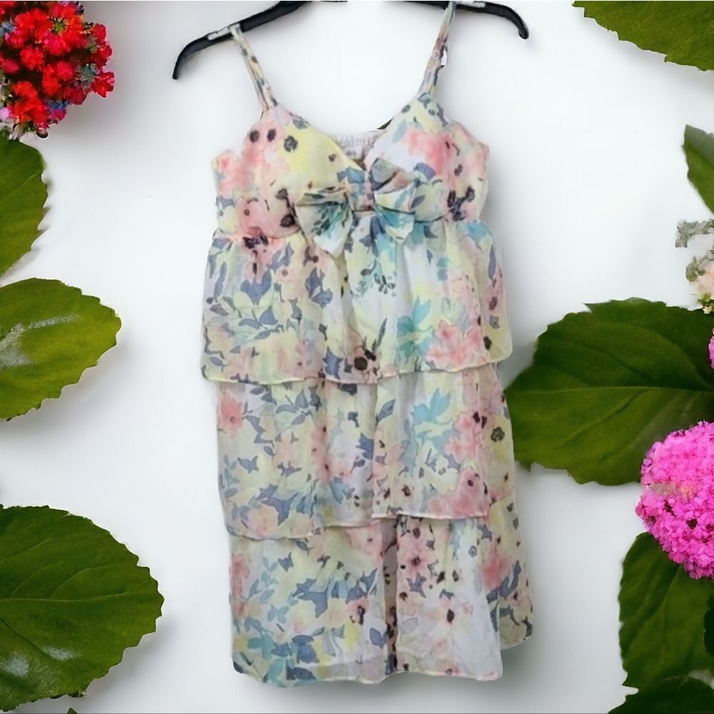 Candie’s Watercolor Bow Tiered Chiffon Babydoll Mini Dress Juniors L Sleeveless - Picture 2 of 12